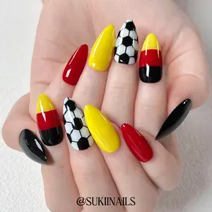 Germany Soccer Press On Nails | Medium Square, Short Oval, Medium Almond Available, 10pcs Glossy Nails With German Flag Stripes & Soccer Print, Sporty Reusable Nail Tips For Summer Match Viewing Outfits