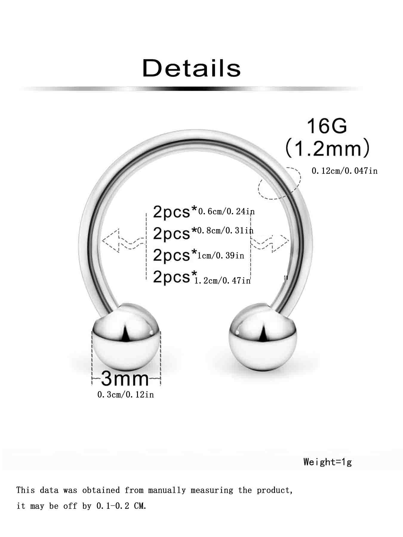 8pcs Classic Fashionable Stainless Steel Circular Horseshoe U-shaped Nose Ring, Septum Ring, Cartilage Earring, Lip Ring, Eyebrow Ring, Inner Diameter 6mm, 8mm, 10mm, 12mm, Fashion Body Jewelry