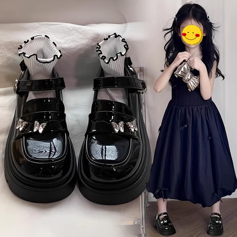 Girls' Mary Jane Shoes with Butterfly Decoration, Patent Leather Thick Sole with Velcro, Casual Lolita Style, Girls' Daily Shoes