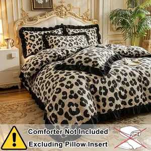 Leopard Print Ruffled Bedding Set, 2/3-Piece Smooth-Zip Breathable Duvet and Pillowcase Set, Romantic Bedroom Decor