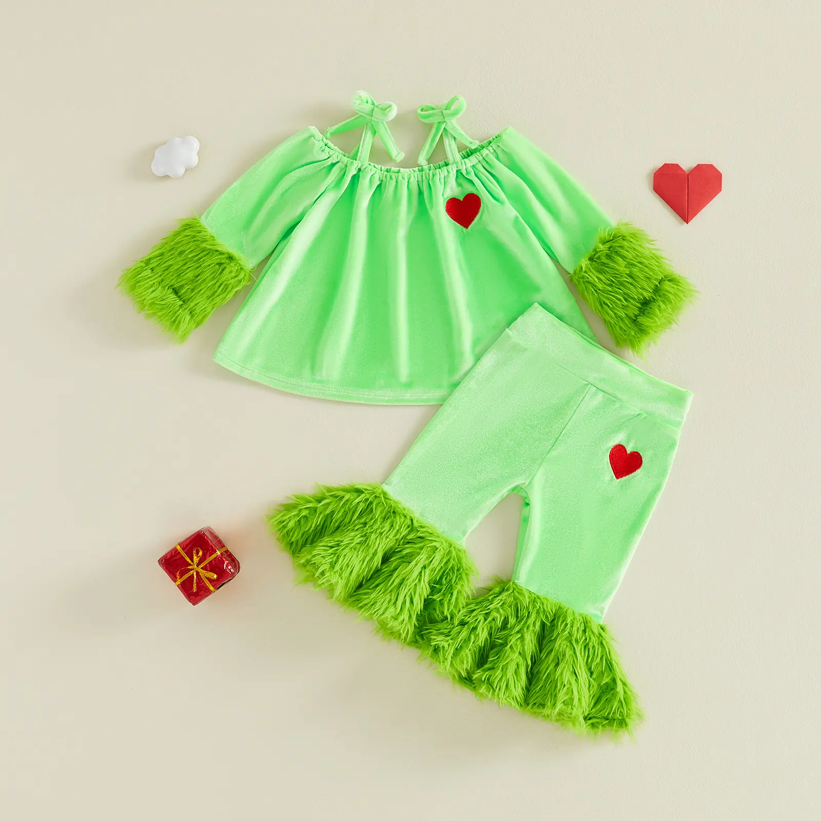FOCUSNORM Toddler Baby Girls Grinch Green Furry 2Pcs Christmas Costume Outfit Set 6M‑4T