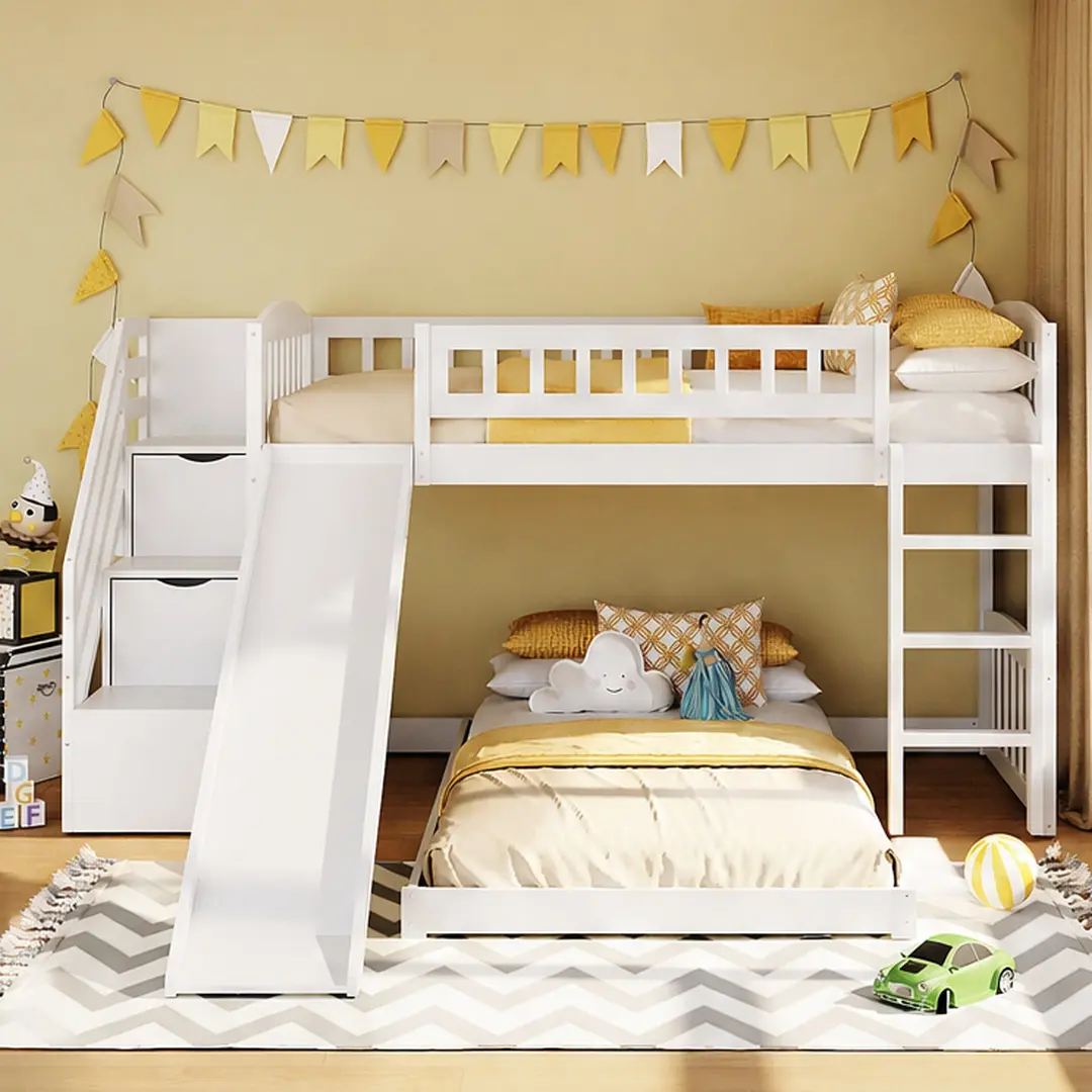 Twin-over-Twin Solid Wood Bunk Bed with Staircase Drawers, Convertible Ladder & Slide, Safety Guardrails, 87.2" W x 93.1" D x 48.8" H, White/Gray Options, Space-Saving Storage, No Box Spring Needed, Assembly Required for Kids Bedroom