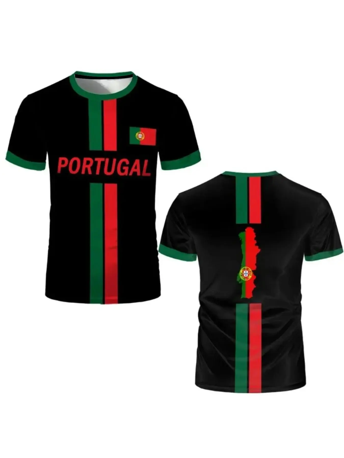 Men's Sporty T-Shirt, Portugal Flag Print, Round Neck Short Sleeve, Breathable Comfort, Ideal for Outdoor Activities, Football Training Gear