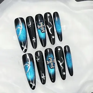 Luxurious Gothic Press-On Nails, Silver Gradient Cross Y2K Nail Set, Long Nails Multi-Pack, Model 20260501-01, M Size