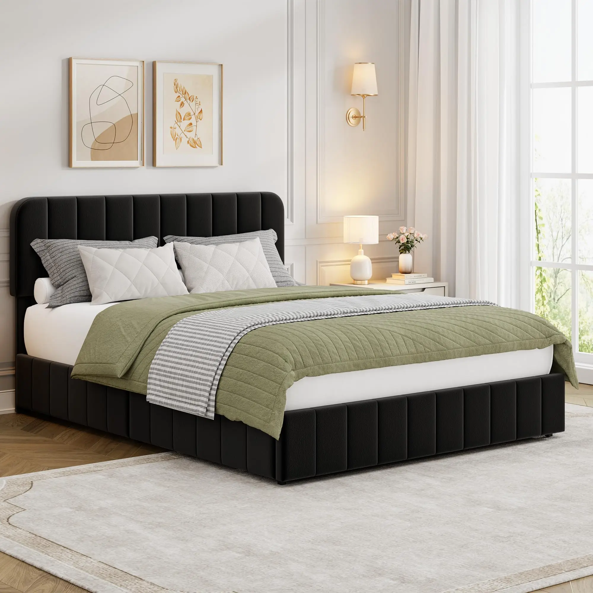 Queen Black/Off White Velvet Upholstered Bed with Adjustable Tufted Headboard, Pre-Assembled, No Box Spring