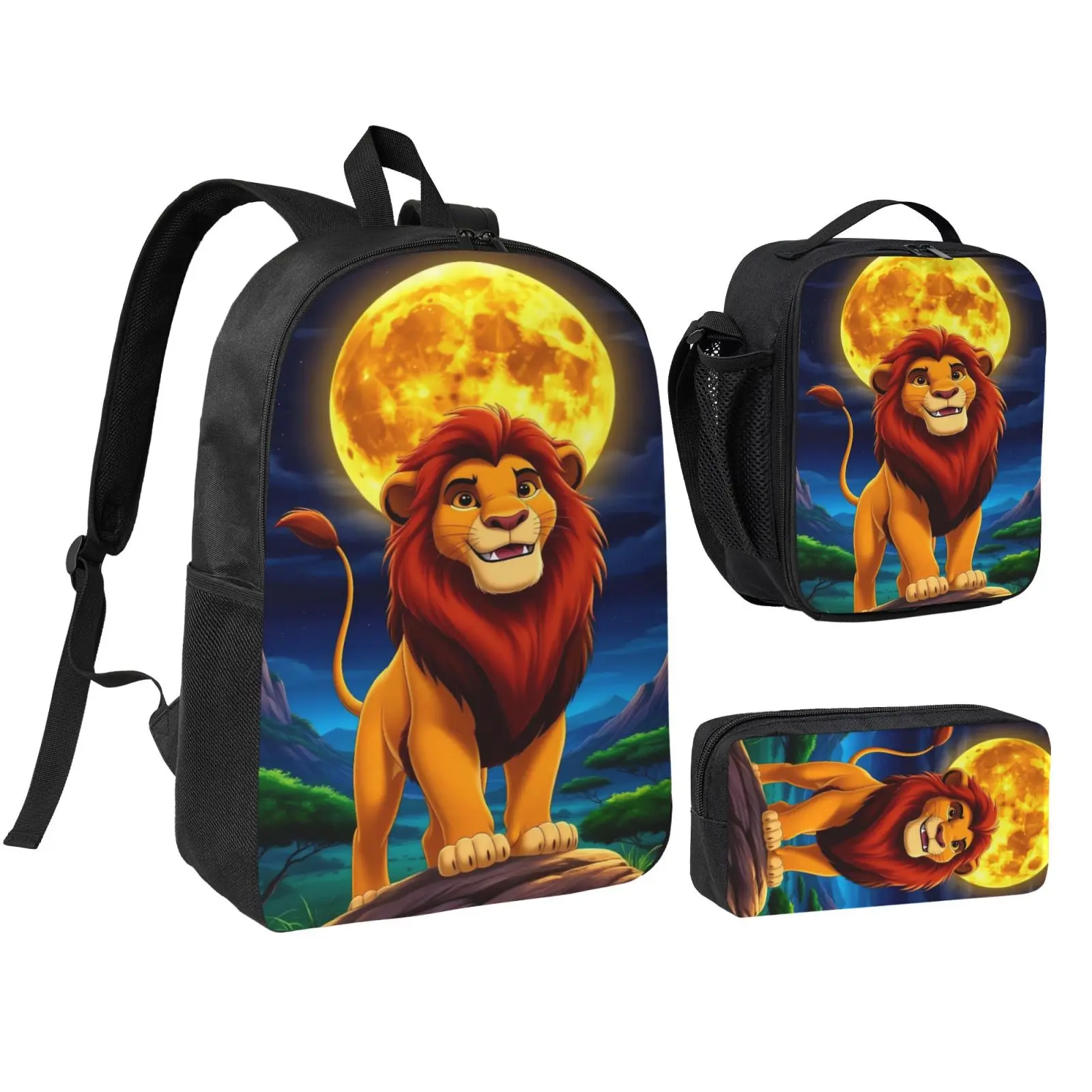Unisex Lion King1 Polyester 3-Piece Kids' Backpack Set - Lunch Box, Pencil Case, Foam Padding, Zip Closures, Adjustable Straps, Waterproof, Safe Materials, Cute Print for School/Party, Birthdays Gifts
