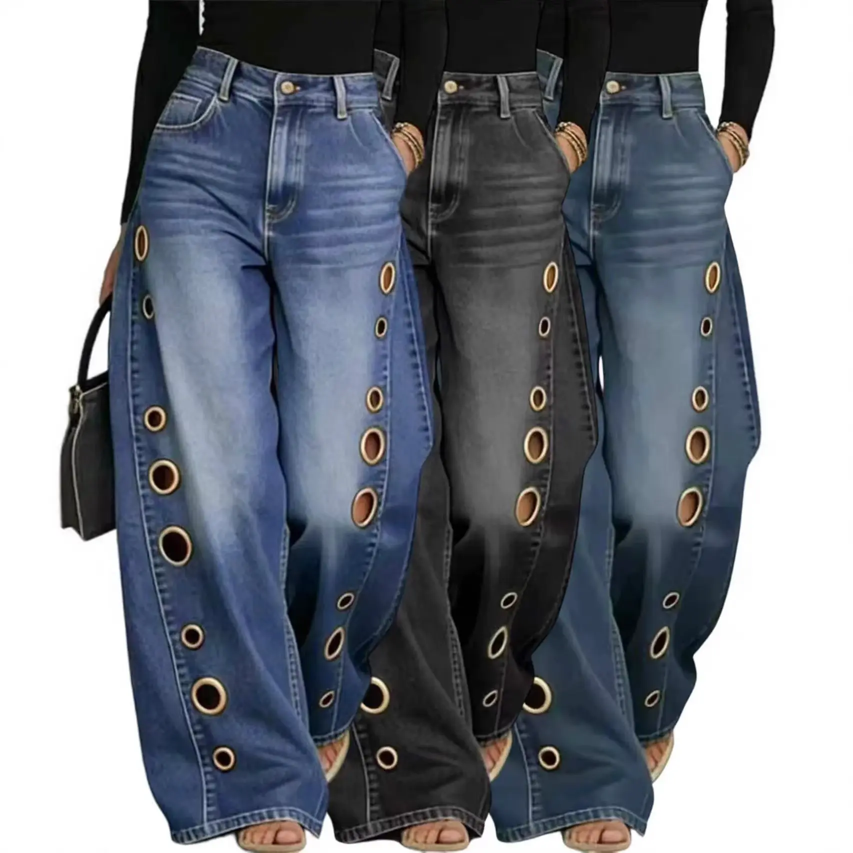 2026 Spring/Summer New Style European and American Women's Clothing with Metal Eyelets, Solid Color, Loose Fit Jeans