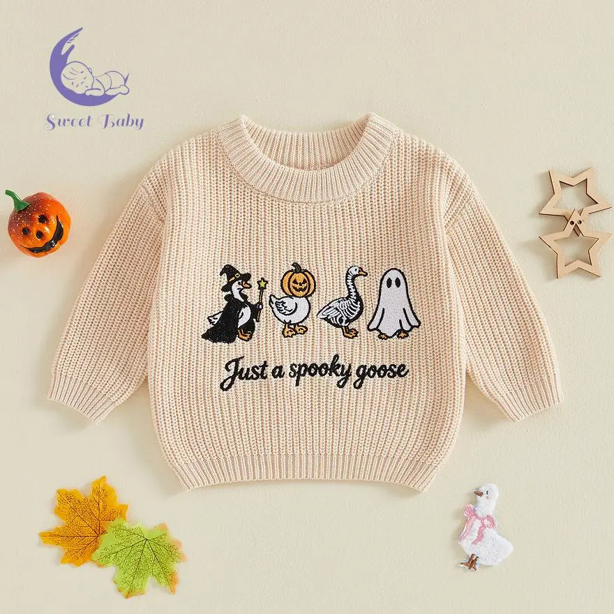 Toddler Boy Embroidered Sweater - Halloween Theme, Long-Sleeve Pullover Jumper with Skull & Ghost Details