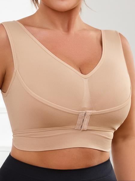 【Plus Size】 Solid Color Push Up Wide Strap Bra, Women's Comfortable Breathable Soft Stretch Bra,No Padding,Front Chest Buckles Design,Women's Lingerie for All Seasons,Ladies Knitted Underwear For Daily or Any Occasion