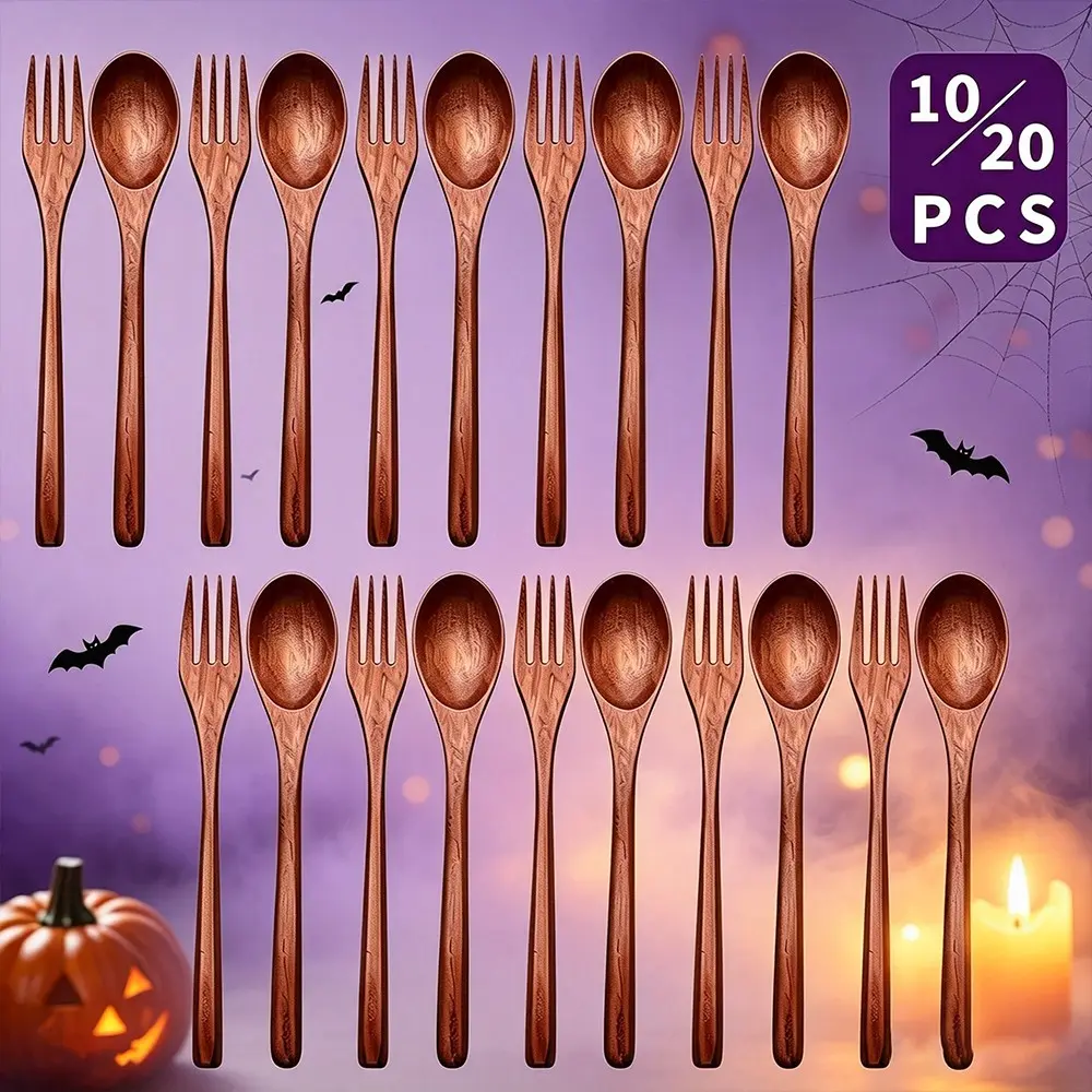 Japanese Wooden Spoons and Forks Set, Reusable Eco-Friendly Natural Wood Cutlery, Handmade Cooking, Stirring & Eating Utensils, 10/20 Pieces