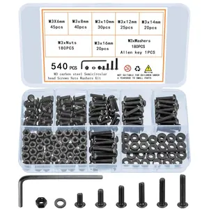 540 count M3 Screw , M3  and Nuts Kit, Hex Socket Button  Cap Screws and Nuts and Washers Set, Metric Machine Screw  Kit, 10.9 Carbon Steel  Screws