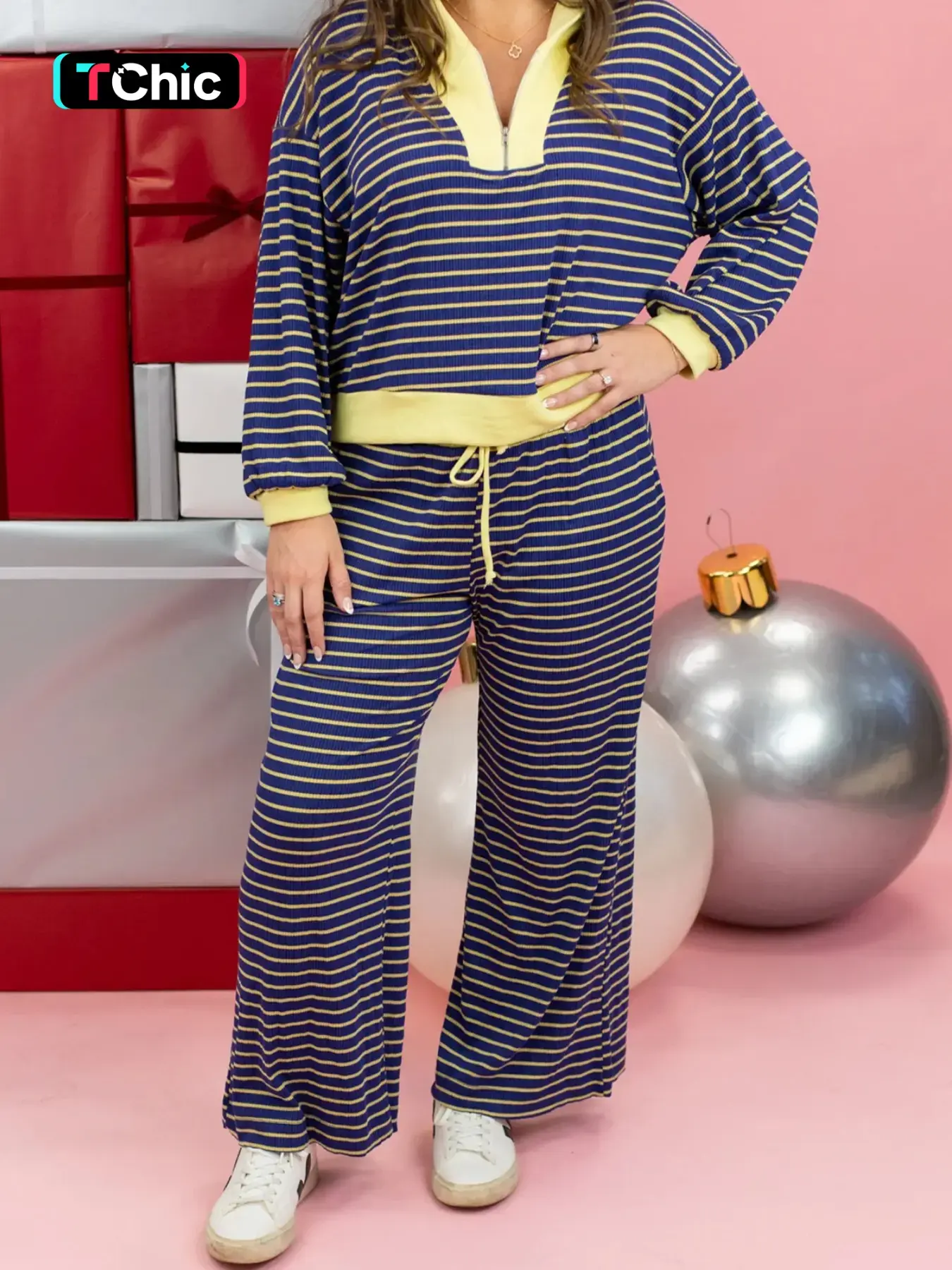 Spring Summer Casual Striped Colorblock Loose Long Sleeve High Waist Pants Set, Comfortable Daily Wear for Women