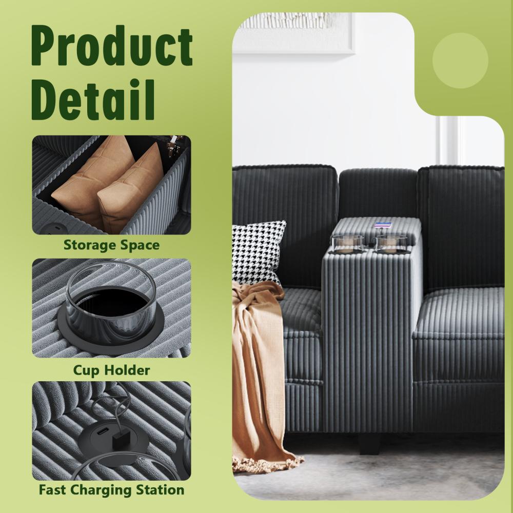 L-shaped 6-seater 133.4'' * 94.4'' Corduroy Sofa, Large Storage Armrests with Center Console, USB Charging, Left and Right Seats Can Be Switched Couch