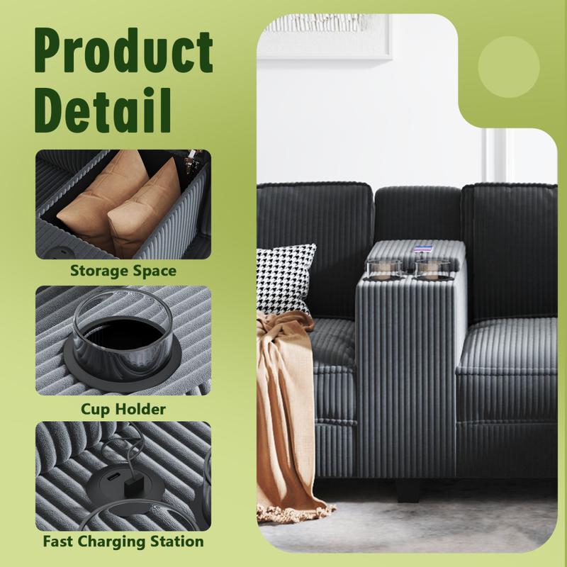 L-shaped 6-seater 133.4'' * 94.4'' Corduroy Sofa, Large Storage Armrests with Center Console, USB Charging, Left and Right Seats Can Be Switched Couch