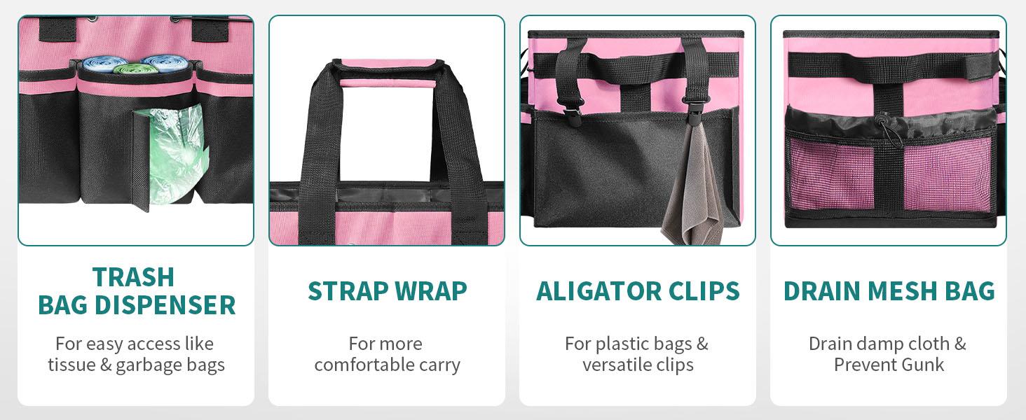 Cleaning Bags for Housekeepers, Large Cleaning Supplies Organizer with Handles & Shoulder Strap, Cleaning Caddy Bag with Foldable Divider for Cleaners, Car Horse Cleaning Bag(Pink)