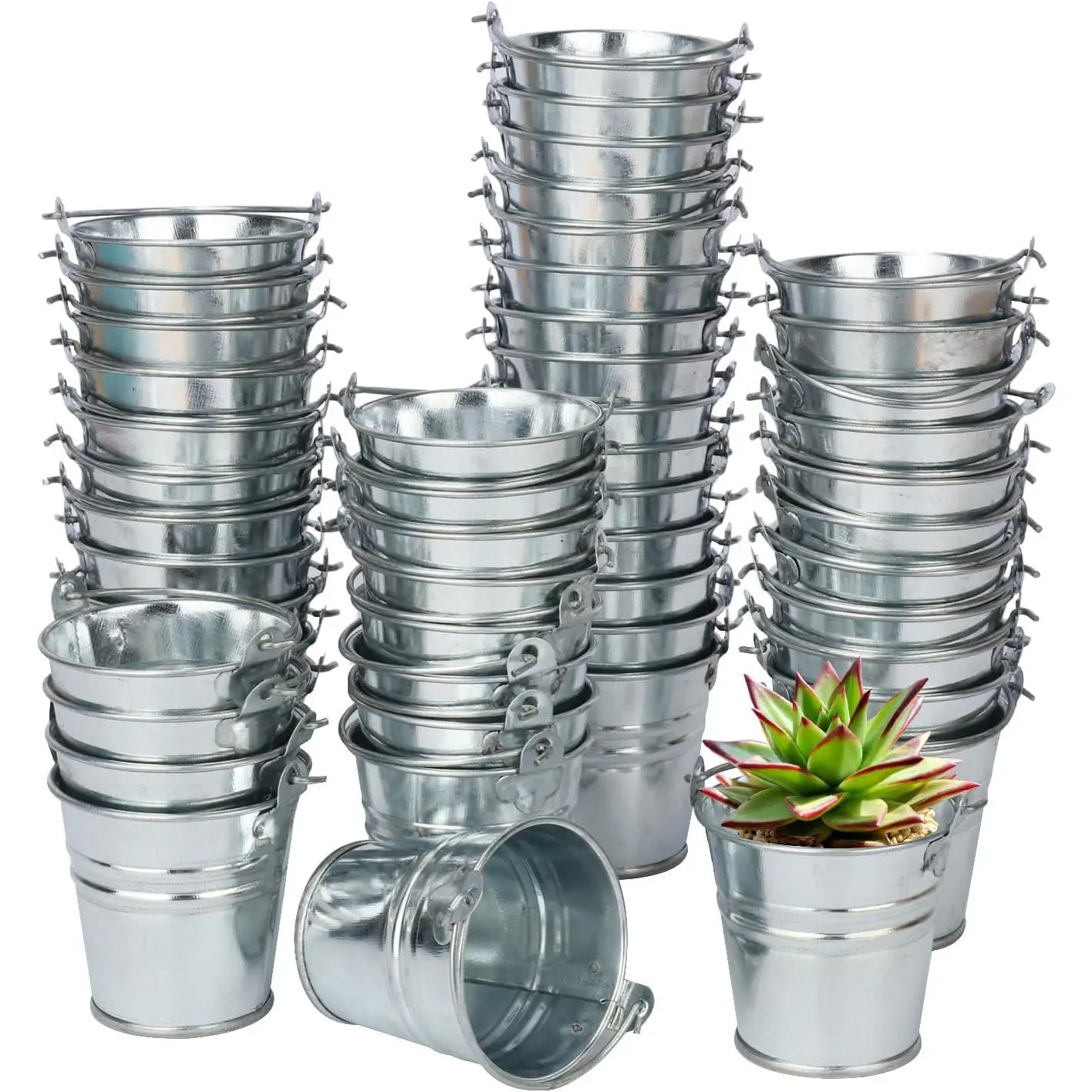 50 Pack 2.1 Inch Mini Metal Buckets with Handle, Galvanized Mini Tin Buckets, Small Iron Bucket, Mini Metal Pail for DIY Project, Holiday, Party, Home Decoration