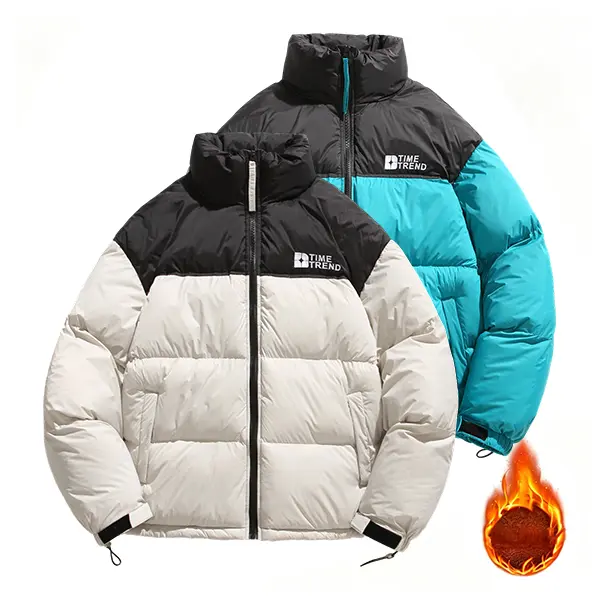 Men's Winter Warm Puffer Jacket, Contrast‑Color Stand Collar Loose Outerwear, Windproof Coat, Ideal for Daily Casual Wear & Outdoor Activities