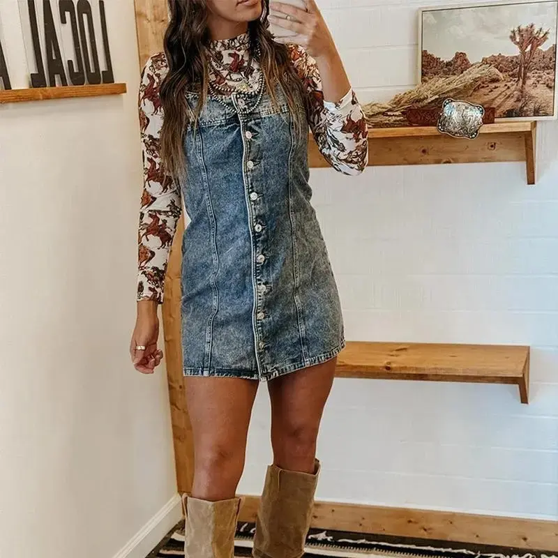 Vintage Style Casual Western Slim Fit Denim Dress with Straps Womenswear Summer