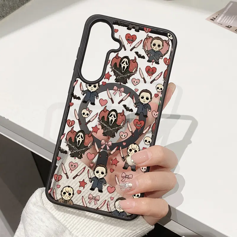 Magnetic Phone Case for Samsung Galaxy S22+ S23 Ultra S24 Plus S25 Edge S26 FE - Horror Heart Tapestry Pattern, Acrylic Back, TPU Edges, Anti-Fingerprint, Ultra Slim Durable Protection Cover, Transparent, Wireless Accessories Gift, Shockproof, Mobile Phon