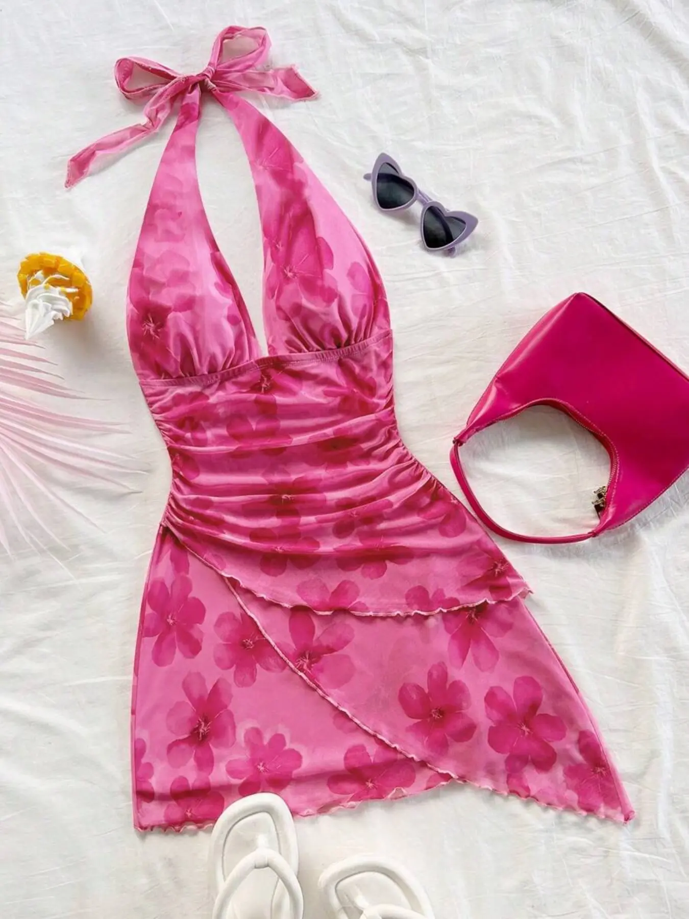 Floral Halter Mesh Dress for Women, Deep V Backless Asymmetrical Ruffle Beach Vacation Short Skirt, Elegant Summer