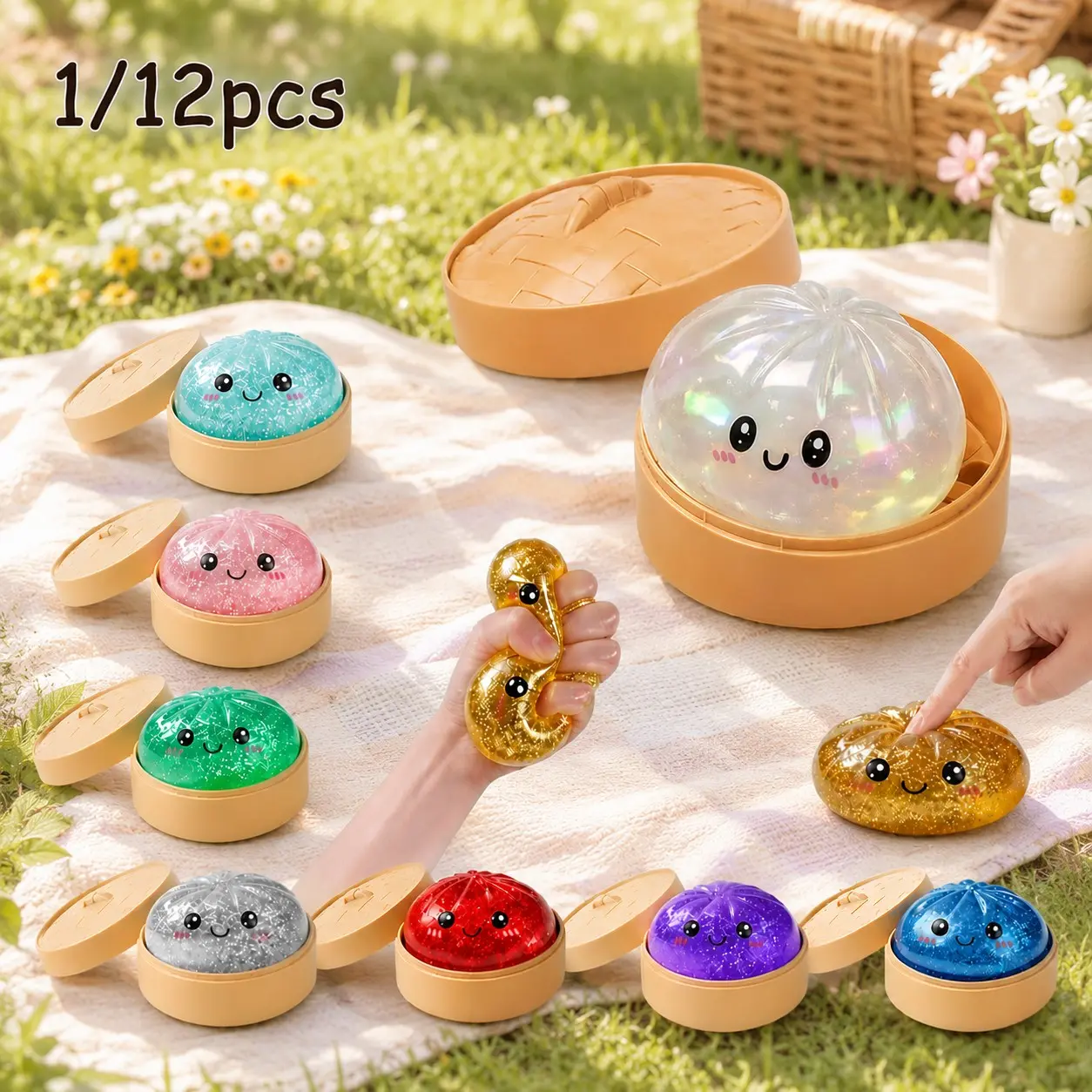 1/12pcs Glitter Dumpling Squishy Pack with Storage Box, Soft Sensory Squeeze Fidget Toy for Daily Tension Relief, Surprise Mystery Collectible Box Chic Tabletop Decor Holiday Swap Gift