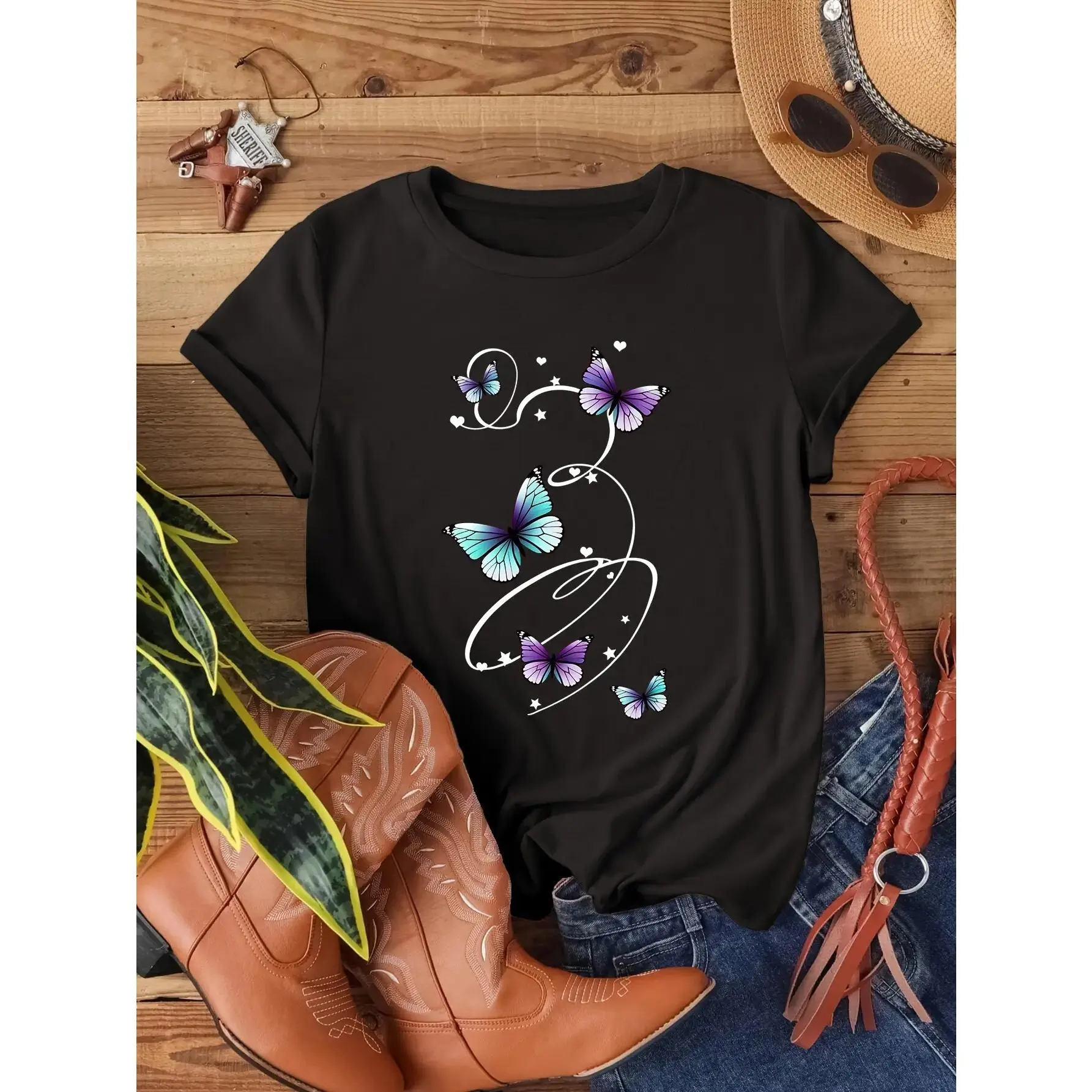 Lady's 2026 New Small-Size Short-Sleeve Butterfly Printed T-Shirt - Soft, Breathable Fabric, Comfortable, Washable, Fresh Lively Style, 4-Season Daily Casual Wear, Matches Skirts & Pants, Shortsleeve, Top, Tshirt, Women, Small-Size Fit Suits Many B