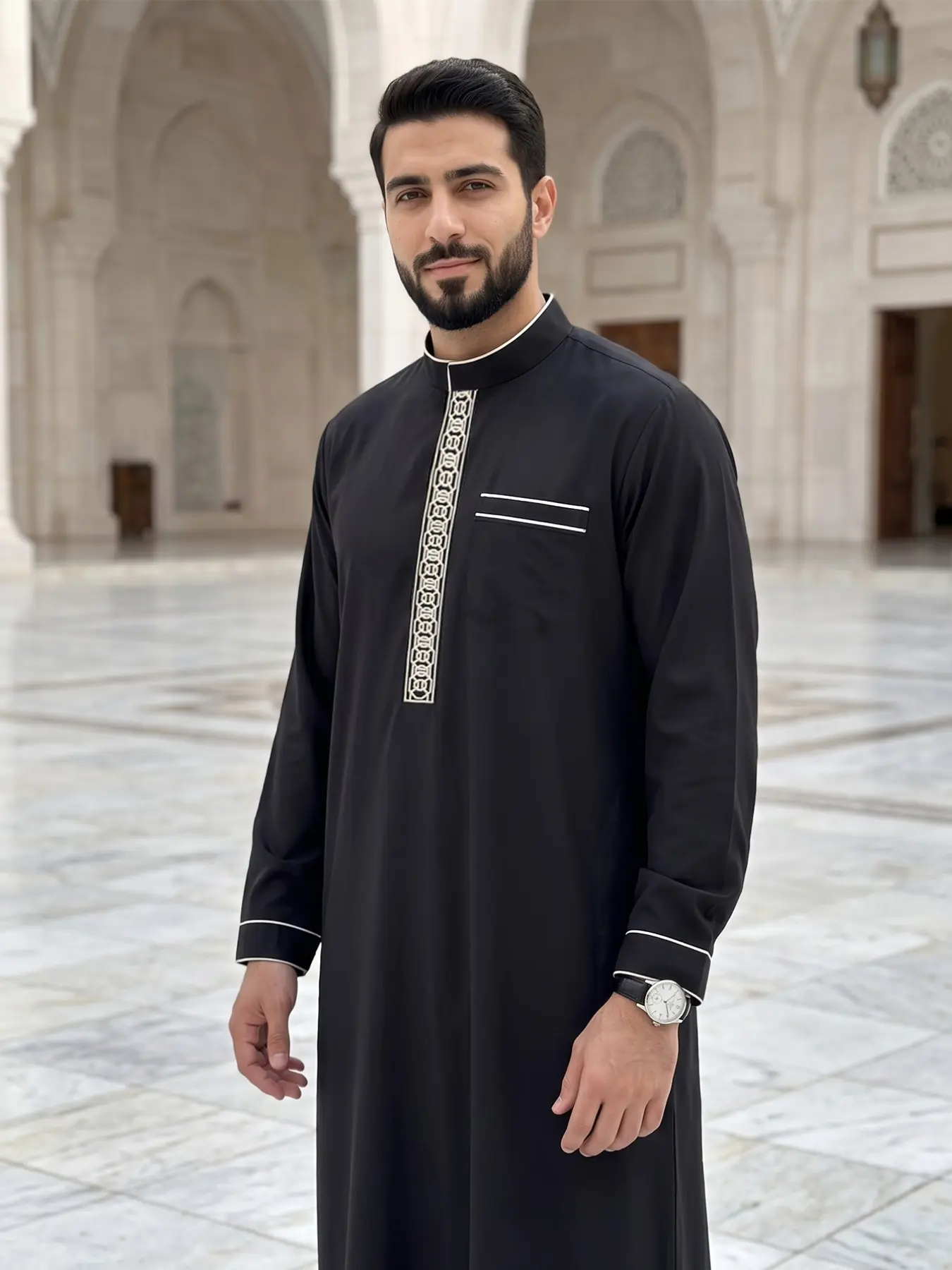 Men's Islamic Traditional Clothing, Classic Stand Collar Long Robe, Muslim Thobe, Traditional Arabic Robe, Eid Al-Adha Festival Wear, Perfect Gift for Friends and Family