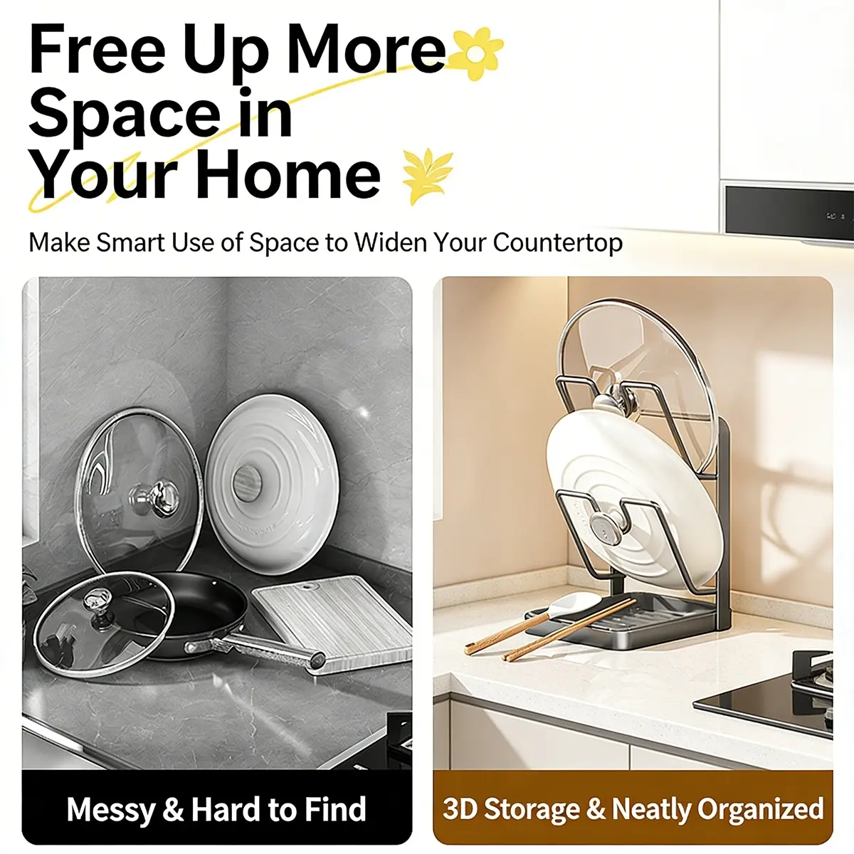 Space-Saving Kitchen Countertop Multi-Functional Storage Rack, Easy Clean Durable Dual-Layer Heavy-Duty Pot Lid Holder, No Drilling Organizer