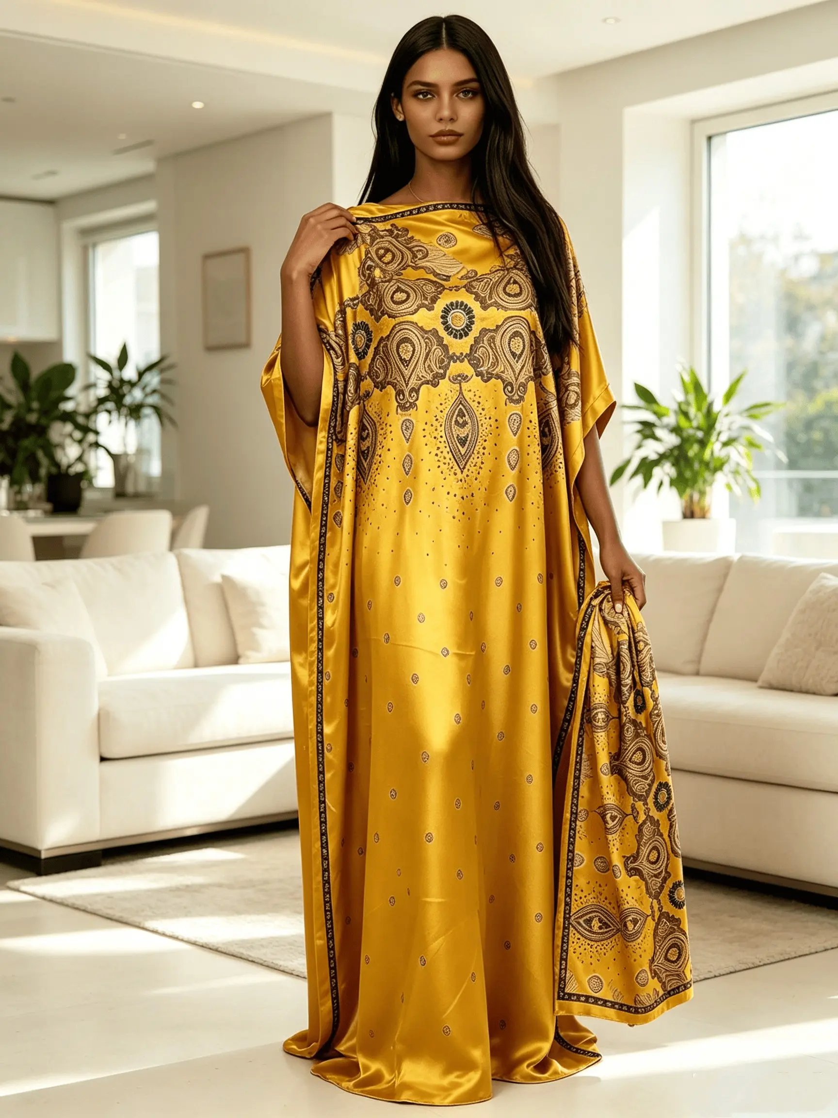 Women's Solid Golden Yellow Paisley Ethnic Print Maxi Kaftan Dress with Matching Scarf 2 Piece Set, Silky Satin Loose Batwing Beach Cover Up, Plus Size Loungewear Nightgown Pajama for Resort Pool Home Sleepwear