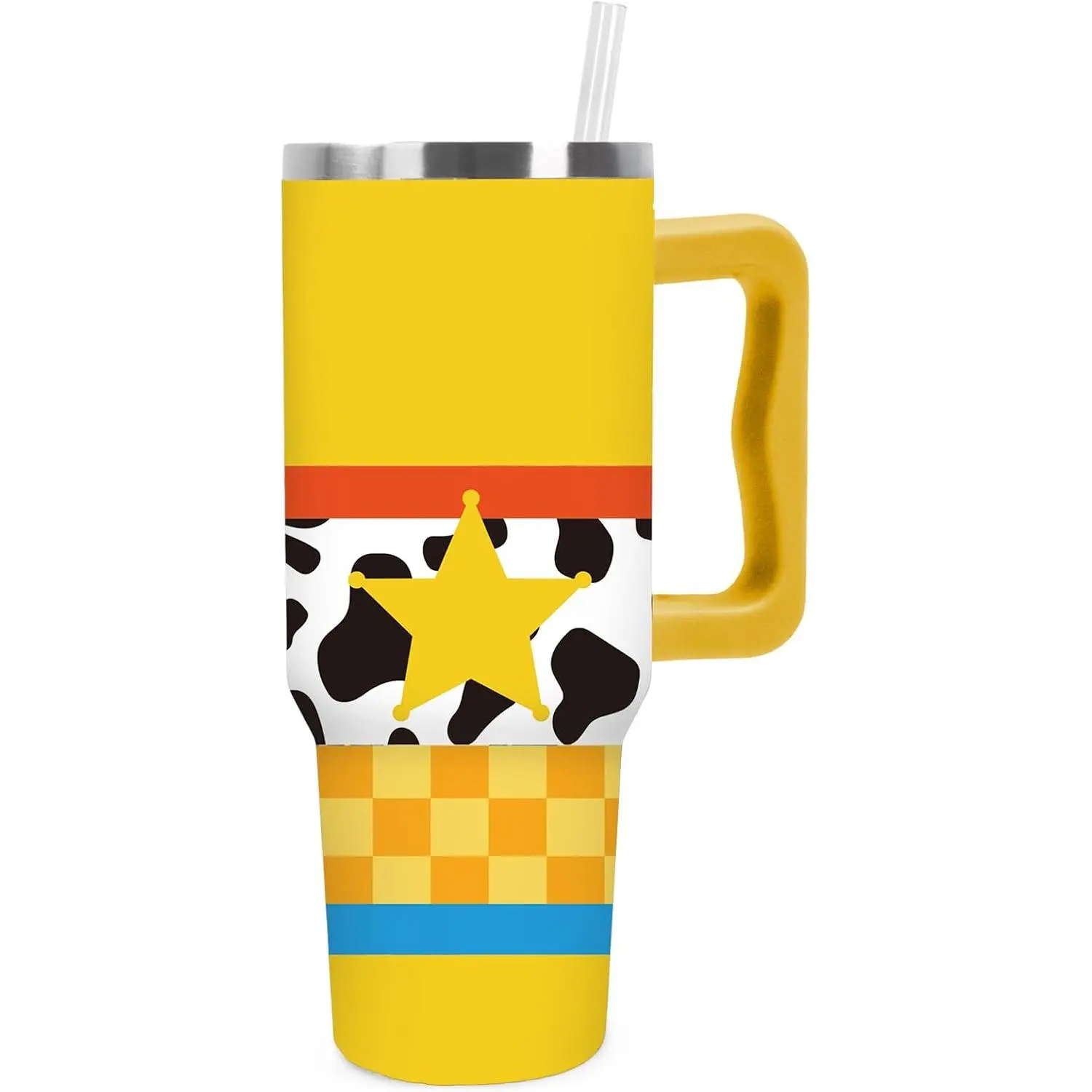 Cute Cartoon Toy‑Style Insulated Tumbler With Handle, Yellow Plaid Star Cow Print Stainless Steel Travel Cup for Daily Use