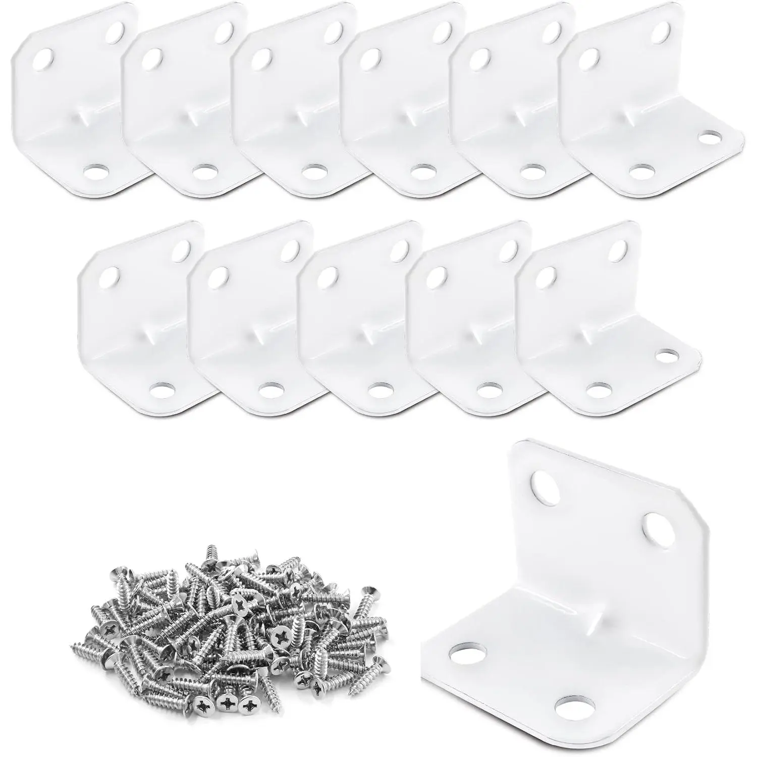 12 count White Steel L Corner Braces 1"x1" 90  Brackets | Steel With White Coating, Thickened For  Load, Center Dent Reinforced, 4-Hole Mount, For Furniture Bed Shelf Fixing