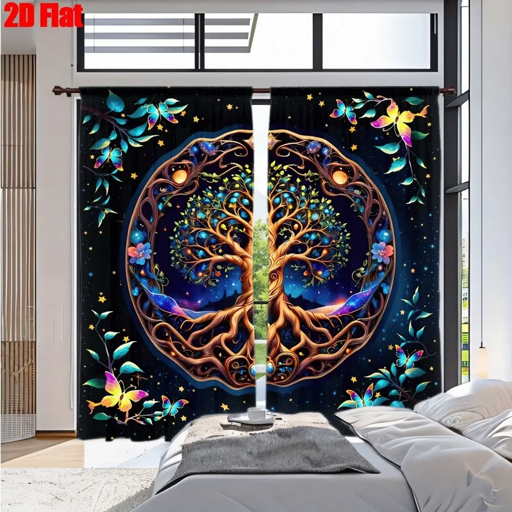 2D Flat 2Pcs Tree of Life Curtain with Celestial Butterfly and Starry Night Pattern, Vibrant Mystical Design, Digital Print Home Decor, Bohemian Style Window Treatment, All-Season Curtains for Living Room Bedroom Study Kitchen Decoration
