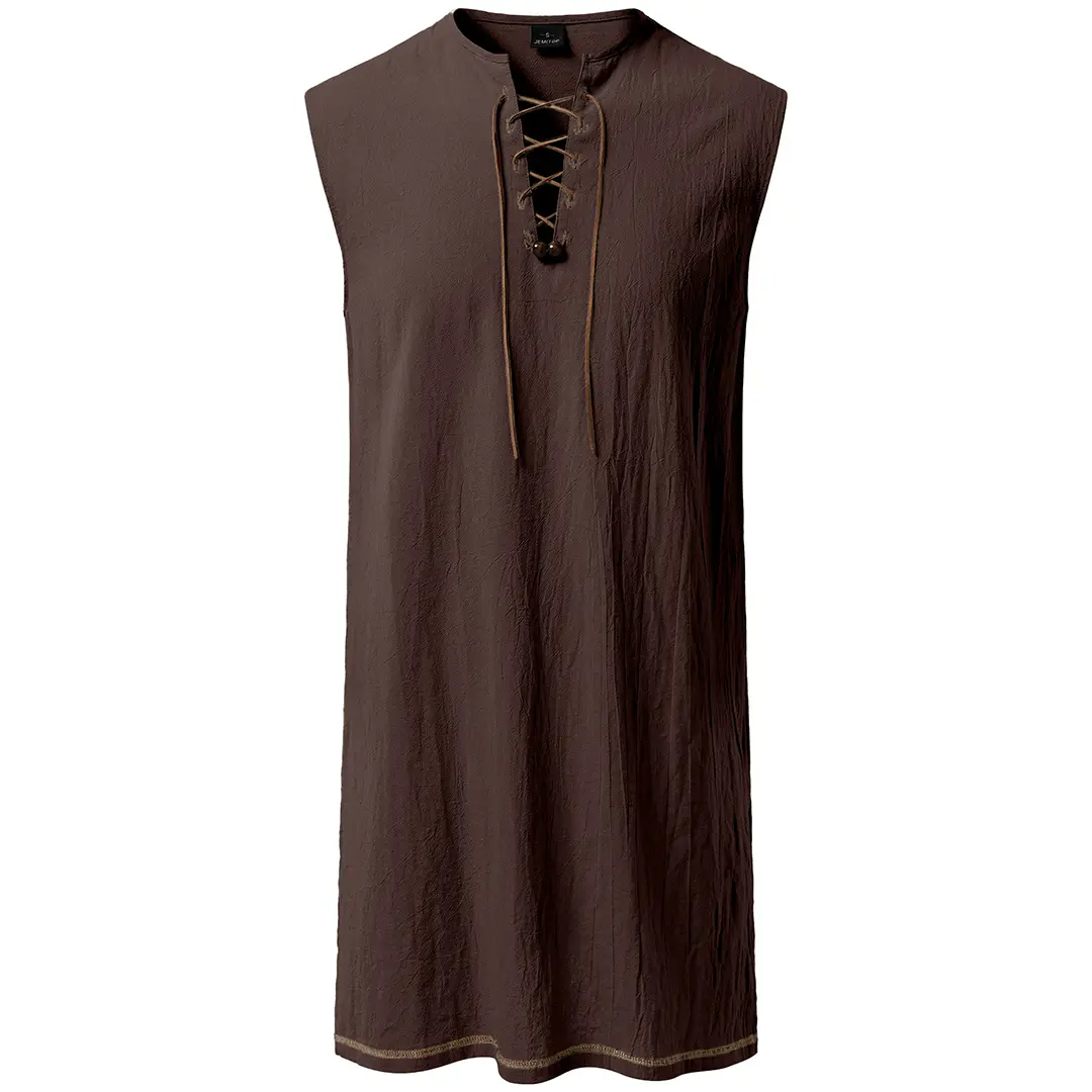 Men's Medieval Viking Tunic Costume, Pure Cotton Sleeveless Lace Up Renaissance Shirt for Halloween Knight Cosplay