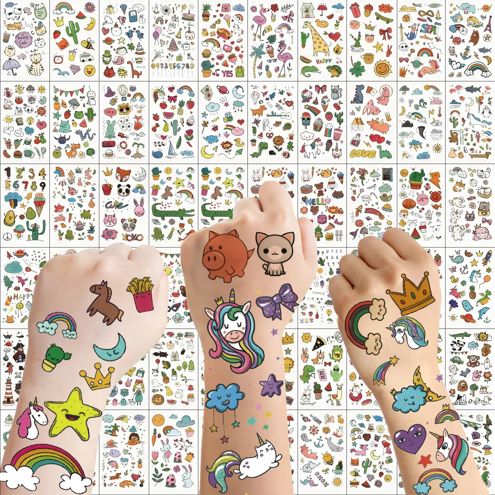 60 Sheets 1000+ Patterns Cute Cartoon Temporary Tattoos for Girls Boys Arm Finger Hand Face Tiny Small Summer Style Fake Tattoo Stickers of Colorful Animals Zoo Mermaid Dinosaur Unicorn Cat Dog Pets