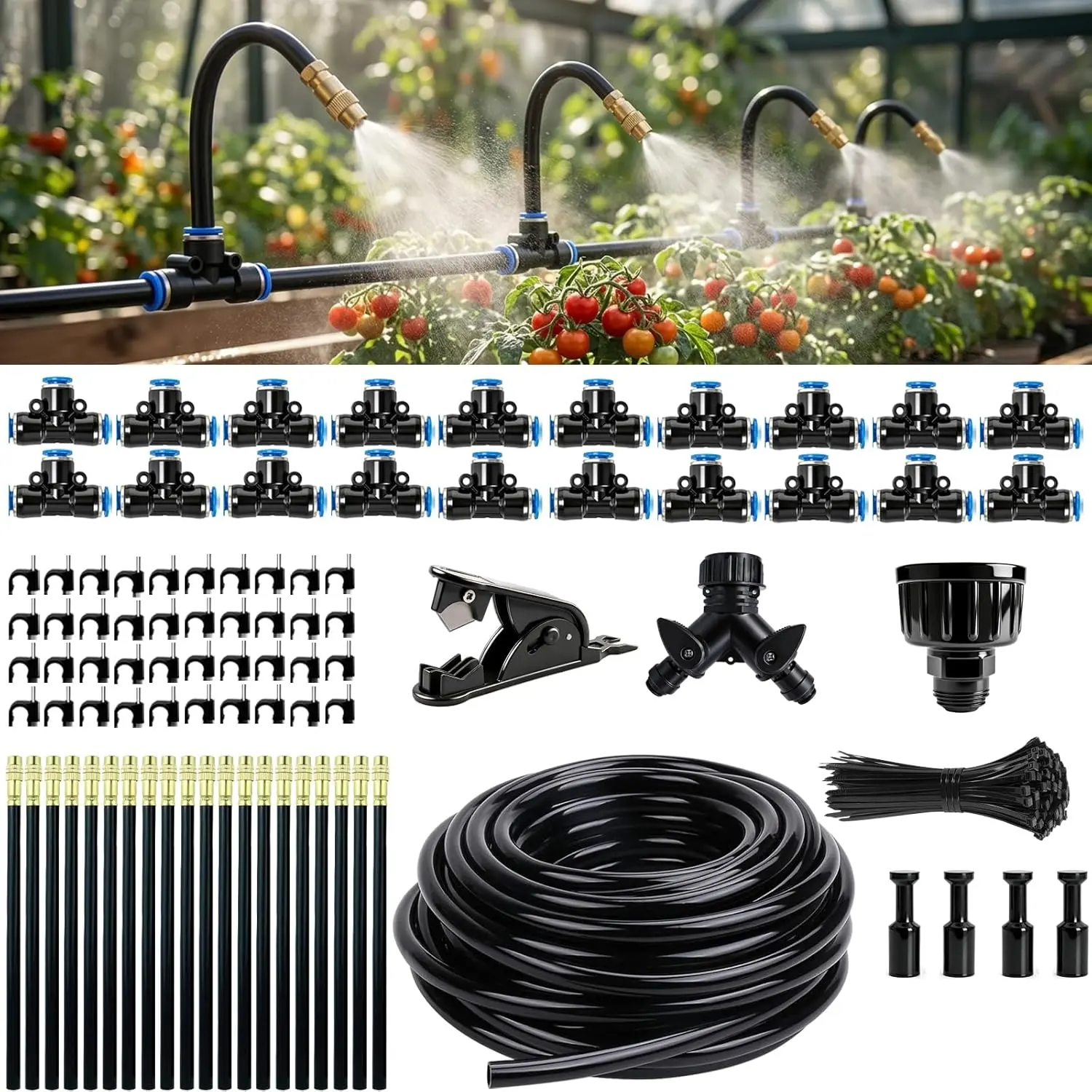2026-Upgrade 100Ft 1/4" Drip Irrigation System,Garden Watering Kit with 20 count 360? Adjustable Copper Nozzles,Automatic Atomizing Sprinkler,DIY for Outdoor,Lawn,Greenhouse,Raised Beds (100FT/20pcs)