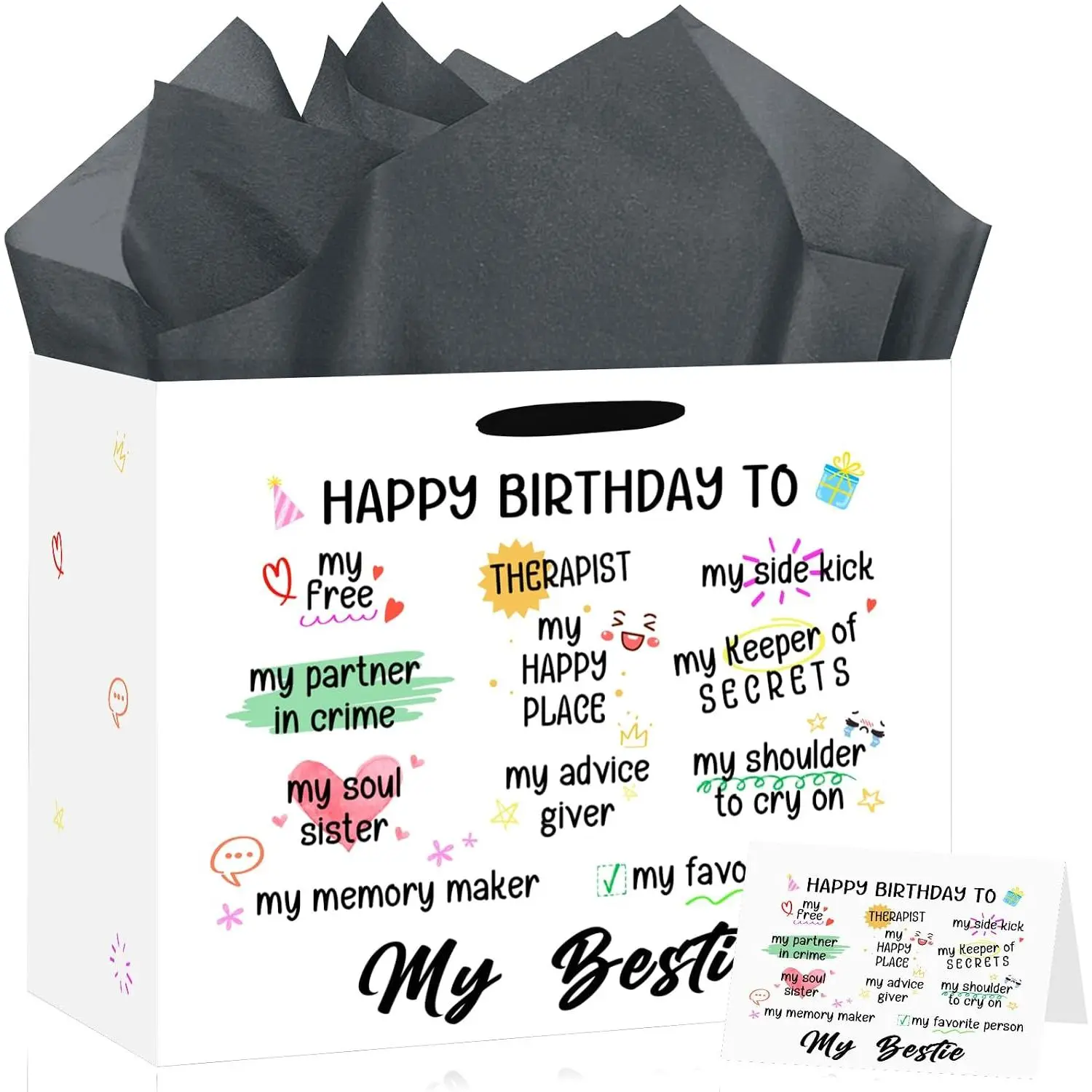 Large White Birthday Gift Bag with 3 Count Black Tissue Paper & Personalized Messages Card, 11.8x9.4x5.3 Inches Bestie Birthday-Themed Gifts & Wrapping for Women Soul Sisters, Office Stationery Supplies