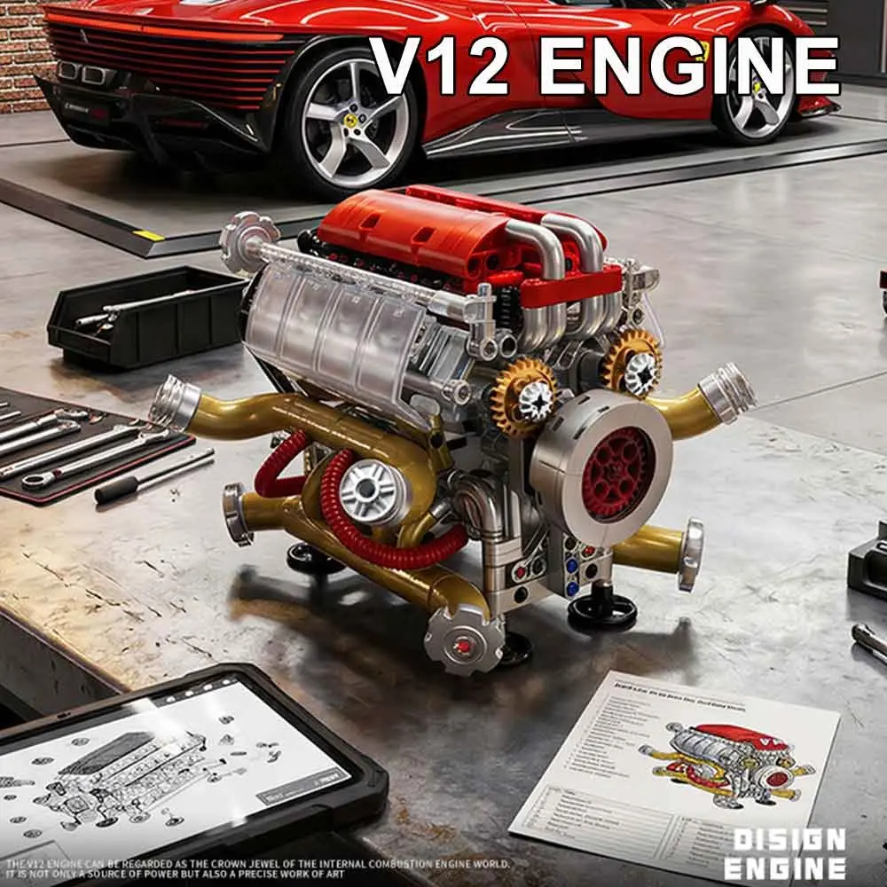 V8 Engine Upgrade V12 Simulation Model, Electrically Operable Mechanical Engine, DIY Assembly, Adult Puzzle Toy, Car Enthusiast Collectible Gift
