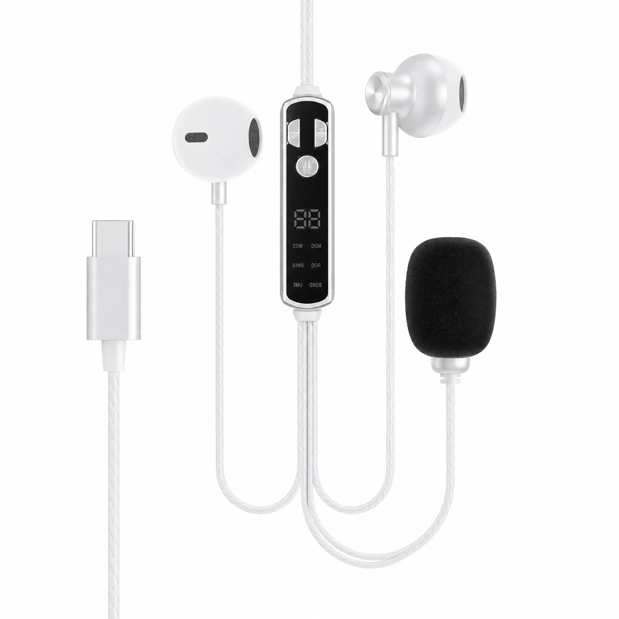 Professional Wired Ktv Headphones, LED Display, Line Control Microphone, Type-C & Lightning Dual Ports, Compatible with iPhone, Samsung, iPad, Karaoke Headset