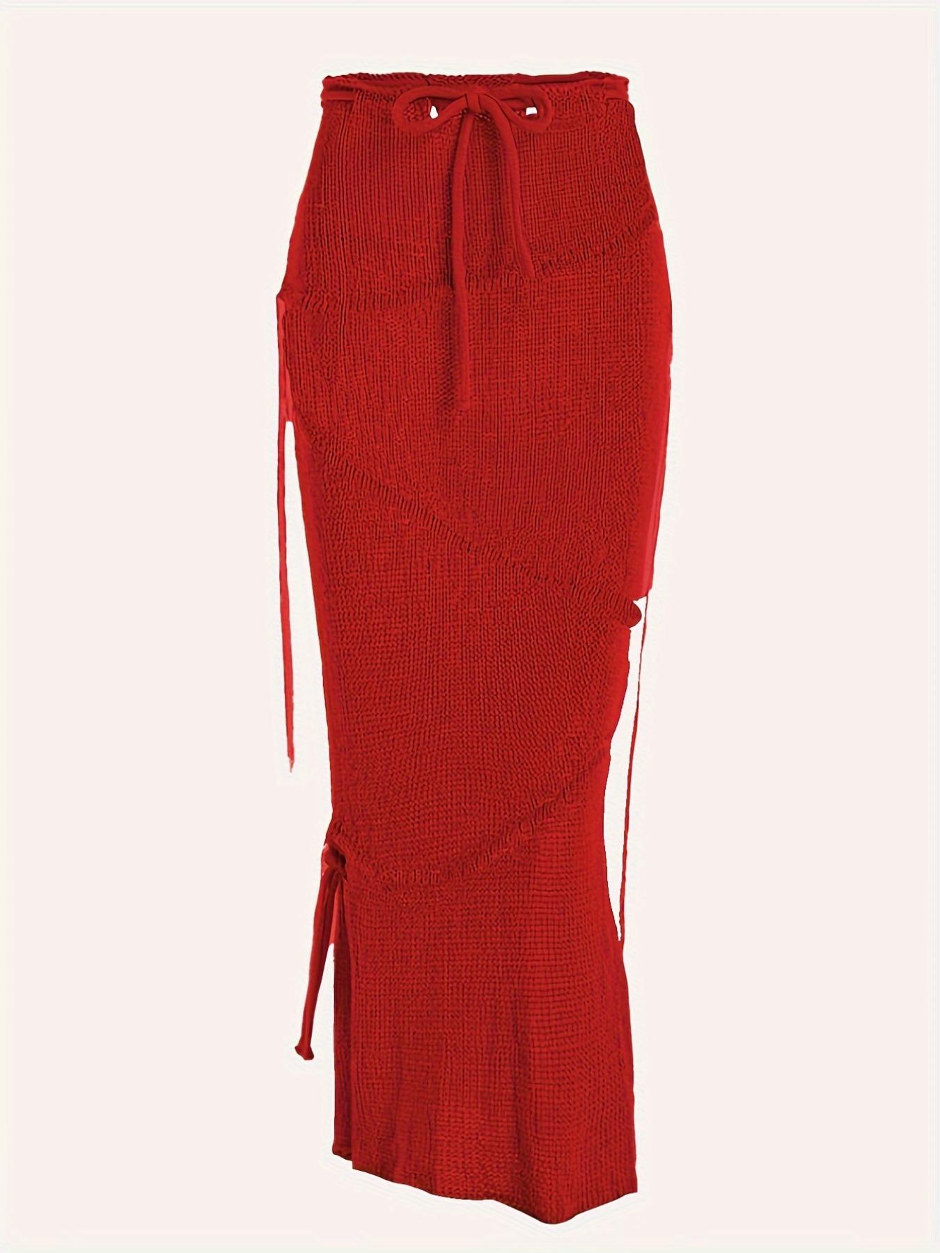 Solid Drawstring Split Side Tassel Sweater Skirt, Elegant Fashion Casual Tie Side Pencil Skirt for Daily Outdoor Wear, Women Knitwear for Spring Fall, Boho Skirt