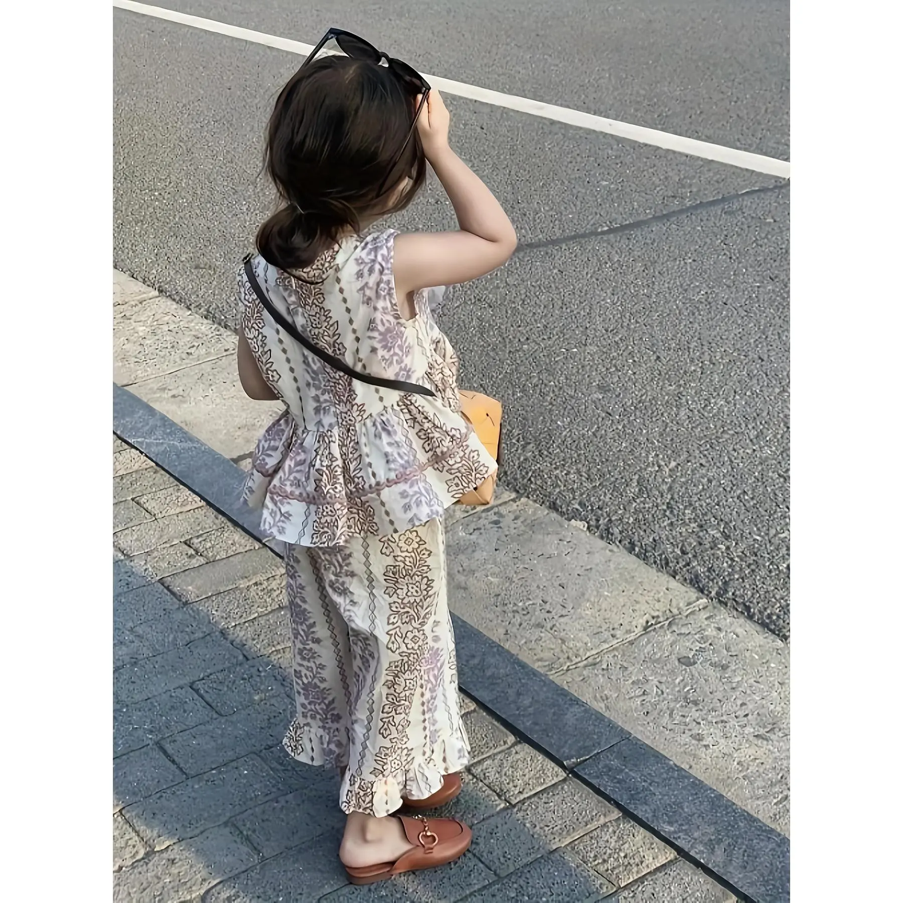 Girls' 2-Piece Bohemian Ethnic Floral Print Sleeveless Top & Ruffled Cropped Pants Summer Outfit [Easter, Girls' Clothing]