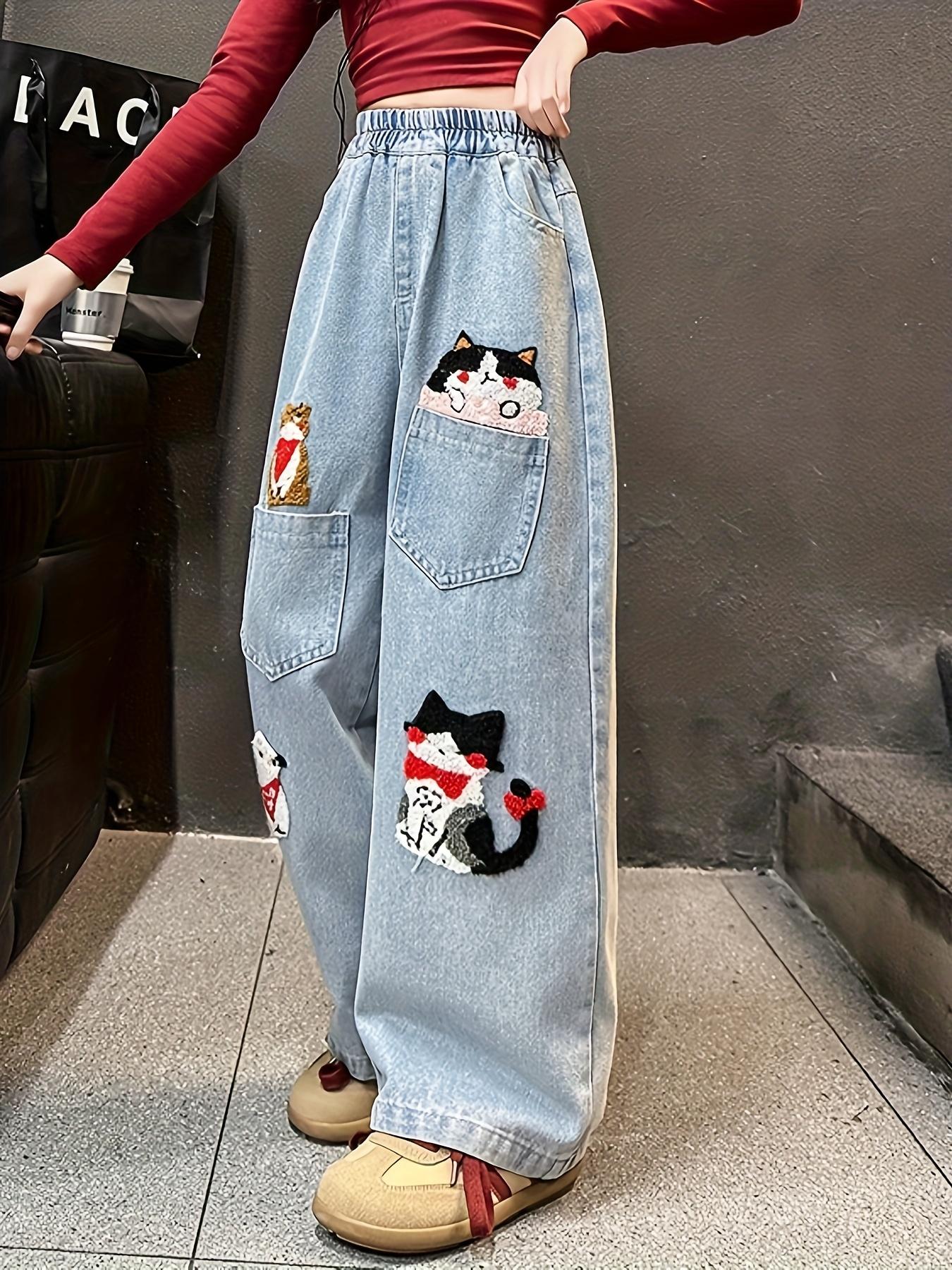 (New)Elastic Waist Straight-Leg Loose Fit - Girls' Cartoon Animal Embroidered Jeans - Casual Pants with Cute Cat & Dog Designs - Light Blue Denim for Spring Summer Fall - Outdoor Play, Dance, and School - Cute Jeans - Playful Design - Comfortable Fit