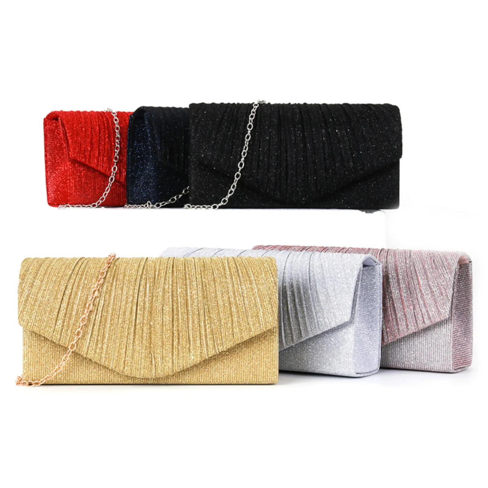 Black Glitter Pleated Envelope Clutch Purse,Formal Party Trend Detachable Silver Chain Evening Handbag, Ruched Shiny Fabric Rectangular Prom Shoulder Bag, Water Resistant Lightweight Sparkly Clutch for Wedding Banquet Night Out Cocktail Event