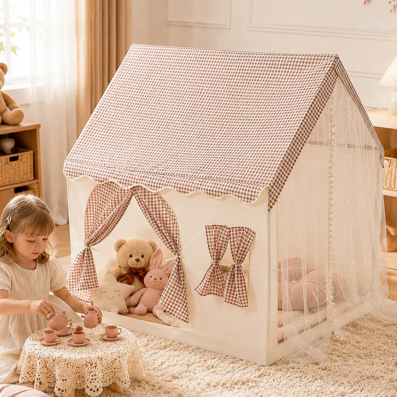 Plaid Pattern Play Tent, Indoor Princess Castle Kids Playhouse, Bedroom Decor, Ideal Birthday Gift for Boys & Girls