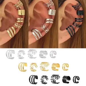 Female Non-Piercing Ear Cuff Set, Gold-Silver-Black Frosted Glitter Wide Band Hollow Leaf Clip Earrings for Daily Camping & Hiking Hammock Accessory