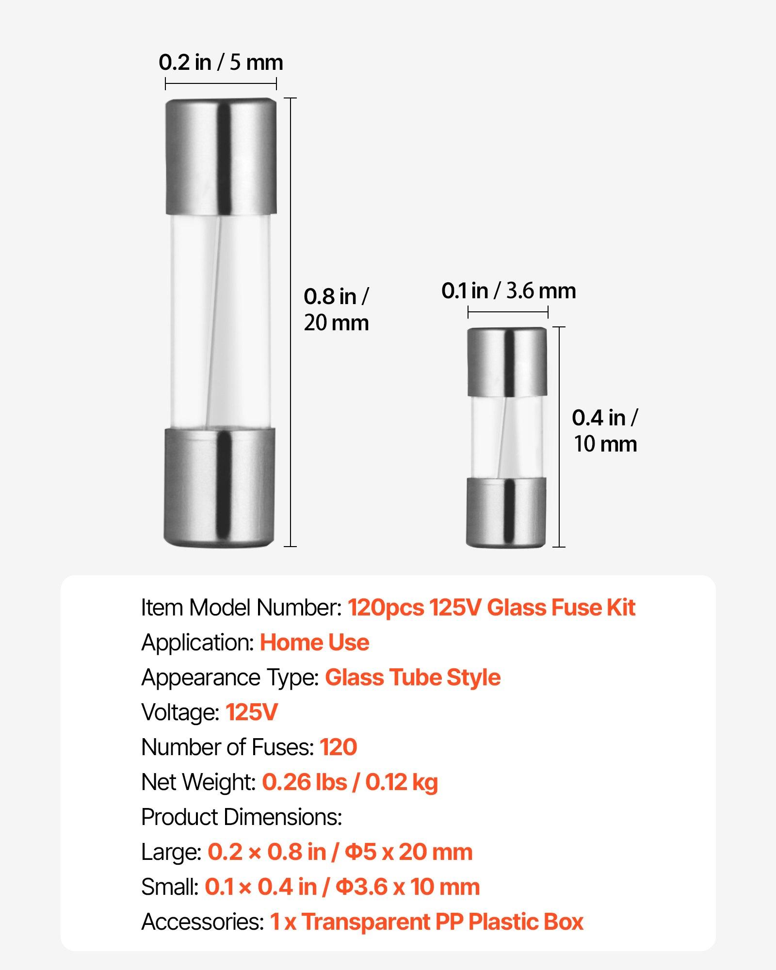 VEVOR Fast-Blow Glass Fuses Assortment Kit, 120 Pcs 125 Volt, 5 x 20 mm 1A 2A 3A 4A 5A 8A 10A, 3.6 x 10 mm 2.5A 3A 5A Tube Fuses, Suitable for Electrical Boxes, LED Strips, Electronics, Appliances