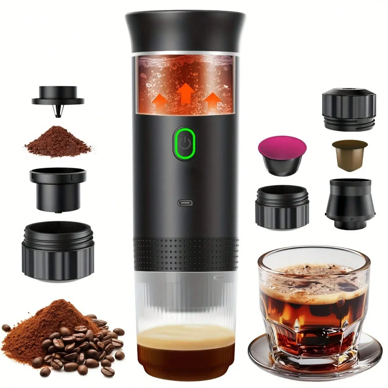 3-in-1 portable espresso machine Coffee Maker - Compact coffee machine for travel | Compatible with espresso powder, large capsules and small capsules | Self-heating, LED display screen, USB cable charging, ideal choice for camping, offices and homes