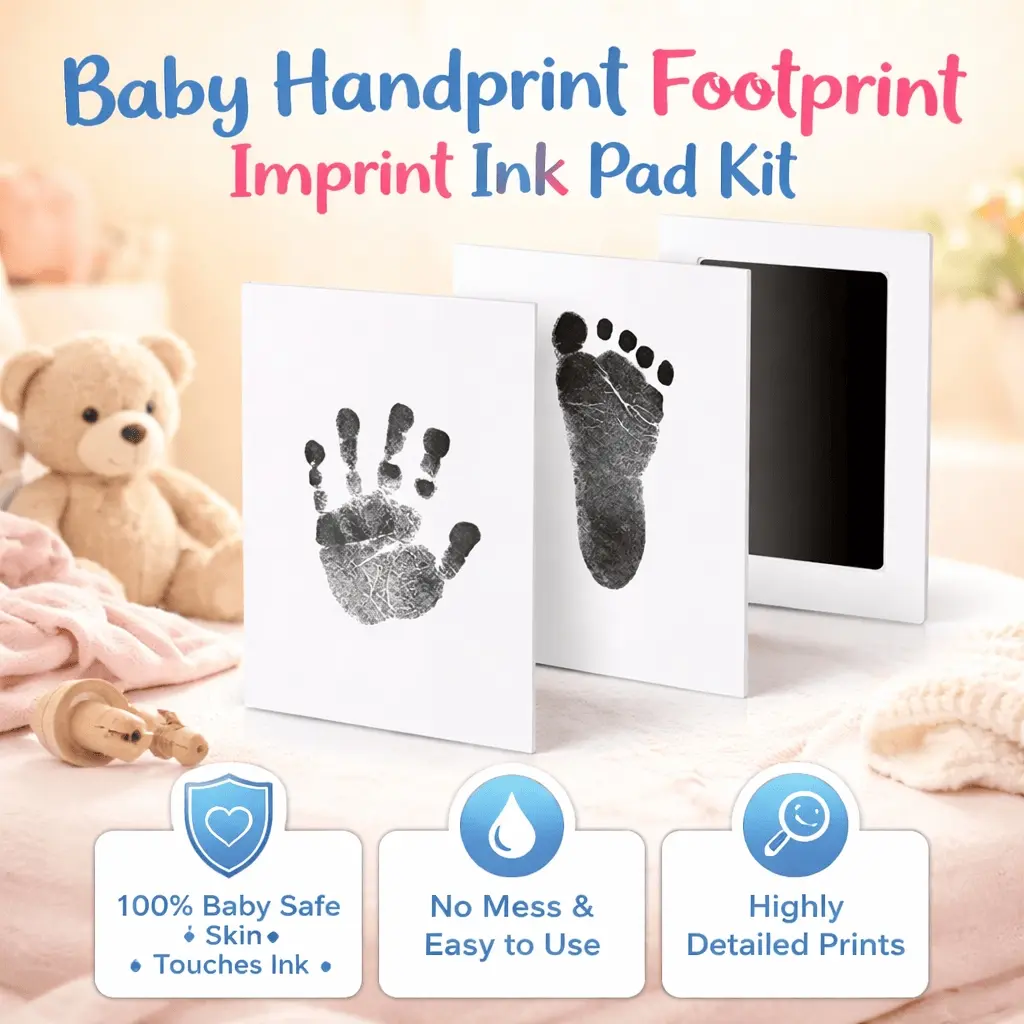 Washable Baby Handprint and Footprint Keepsake Kit, Quick Dry Non-Toxic Ink, Fade-Proof Eco-Friendly Materials with Frame and Memory Album for Nursery School Growth Memorial Souvenir.