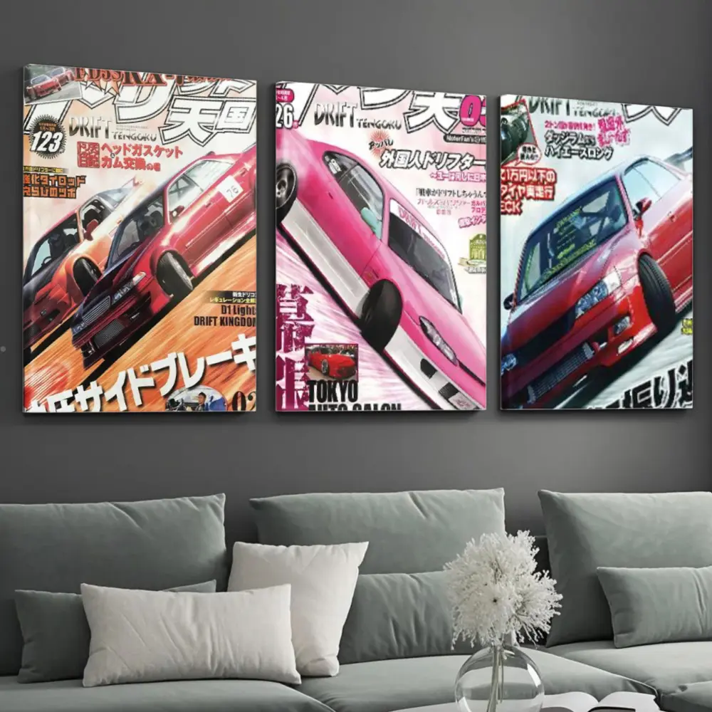 Jdm Drift Magazine, Canvas Wall Art, Red And Pink Sports Cars Racing Cover Print, High Definition Giclee On Stretched Canvas, Modern Living Room Sofa Decor, 3 Piece Set