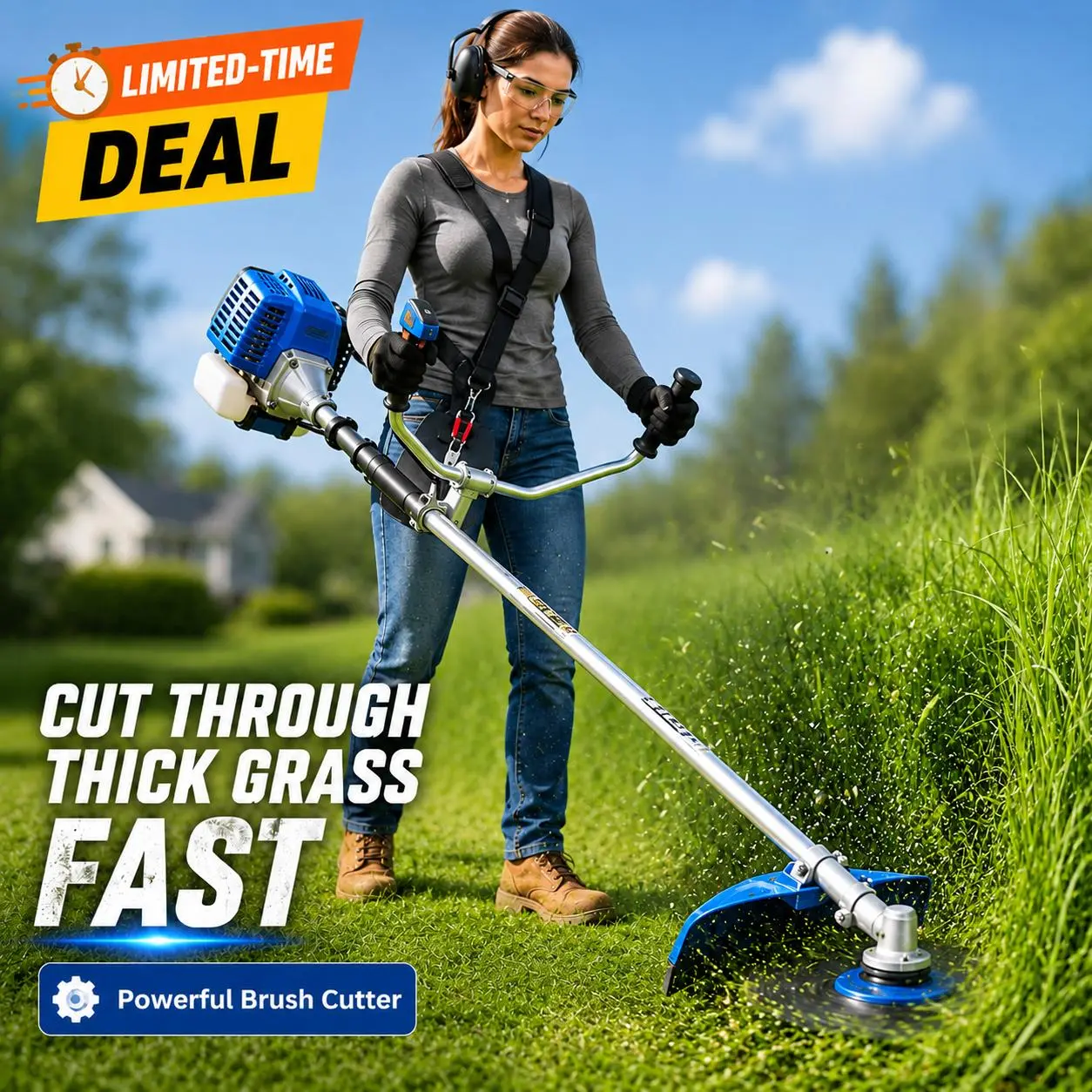 Garvee 3-in-1 Gas Powered String Trimmer/Brush Cutter/Lawn Edger, 43cc 2-Cycle Weed Wacker, 17 in Cutting Swath, Grass Head + 2 Blades, Anti-Vibration Handle, Shoulder Strap