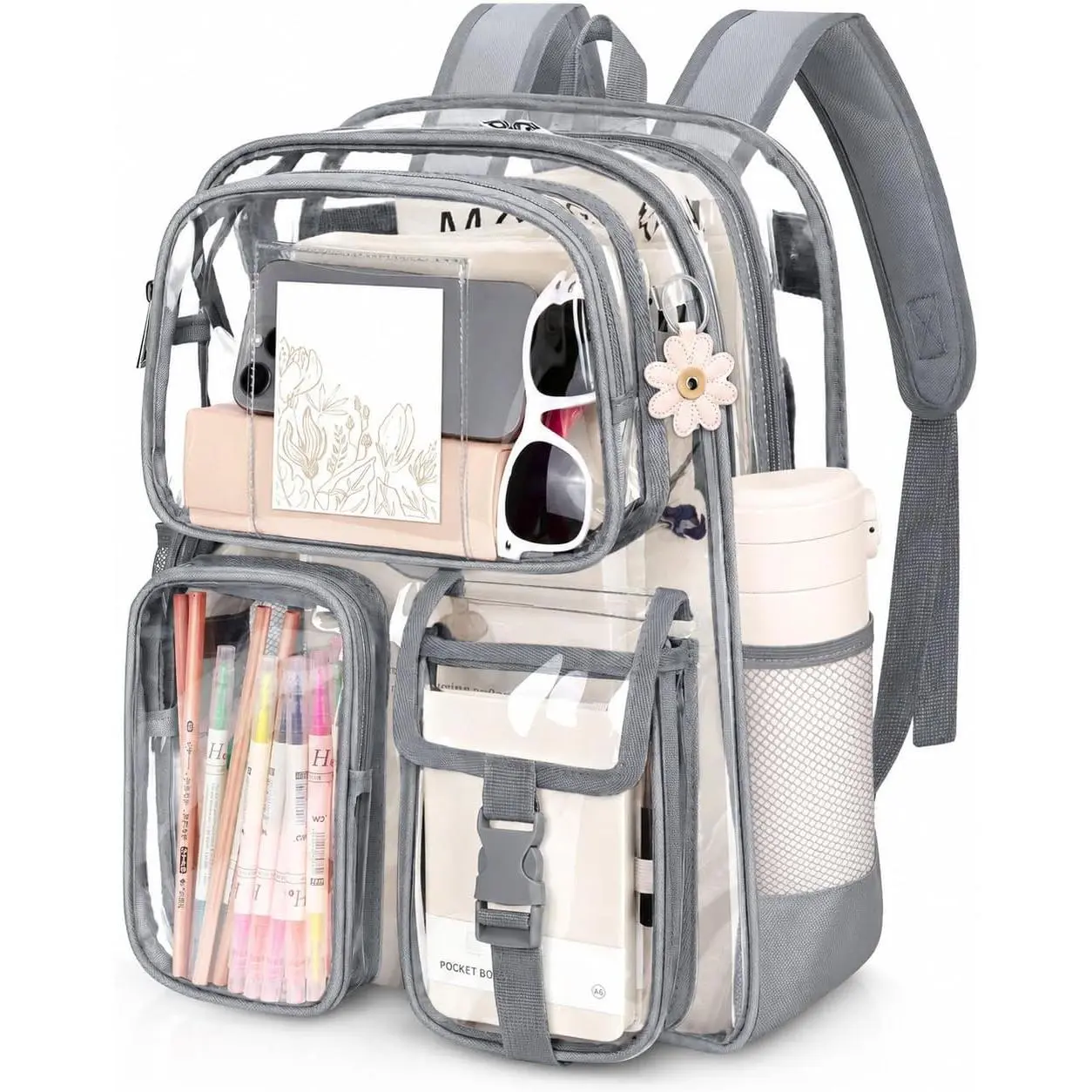 Clear Backpack for School, 17 inch Heavy Duty PVC Transparent Bookbag | Reinforced Straps Stitches, Clear Bag for Stadium Events Girls Boys, Large Capacity Backpack for  College Work Gray